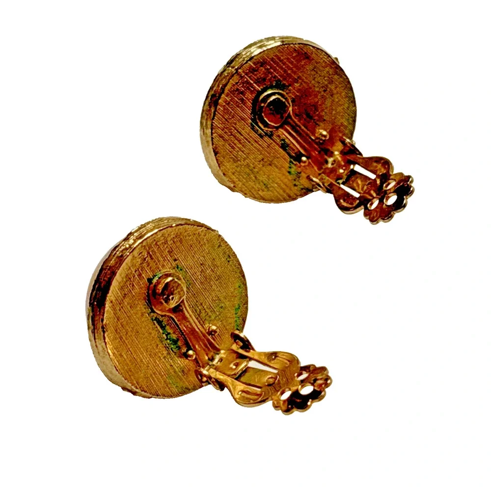 Vintage Mid Century Clip On Earrings Peach Moonglow Rounds Domes Gold Trim Chic